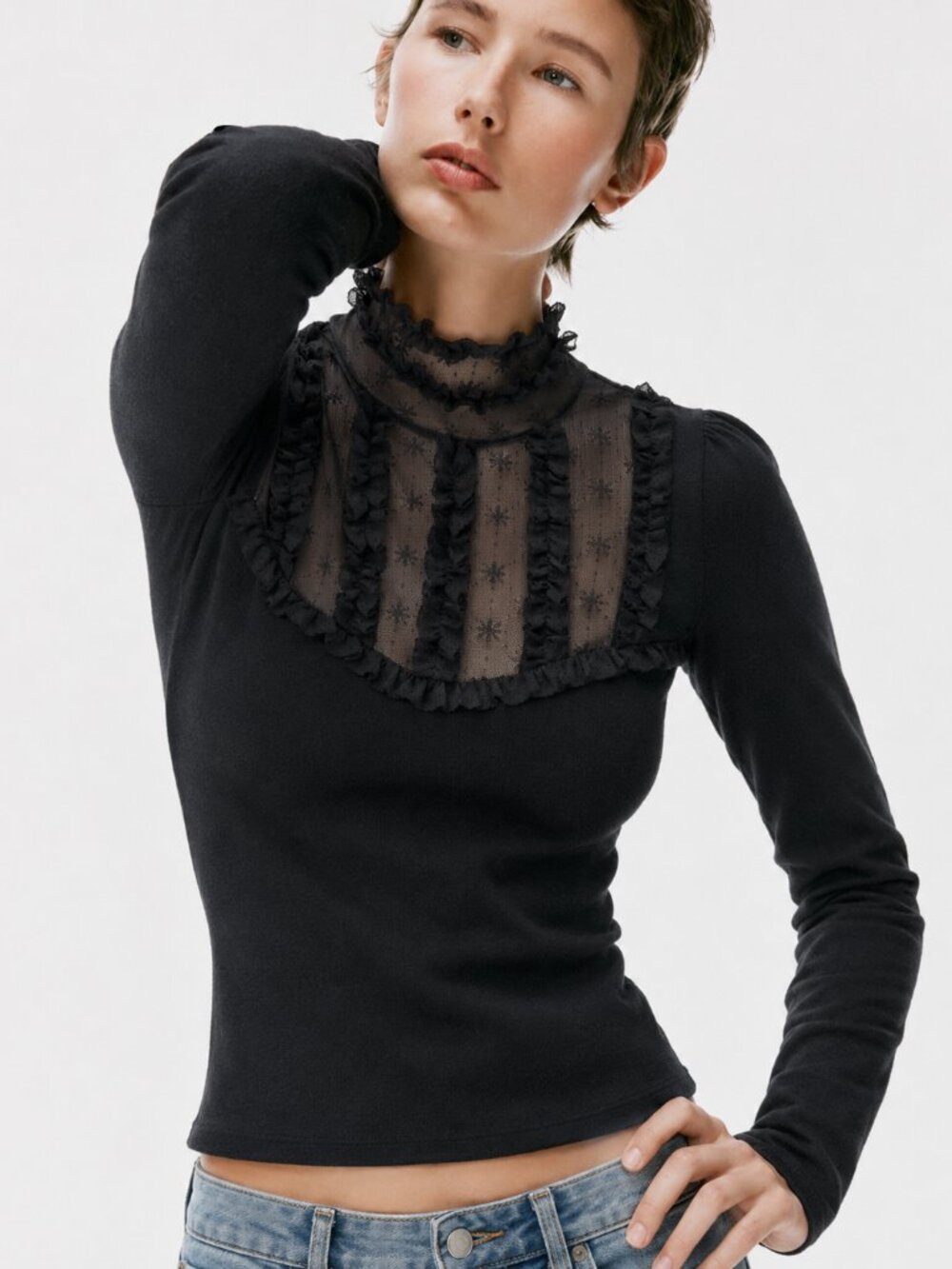 Victorian Gothic Cotton Lace Ruffle Stretch L Black Top Dark Romance